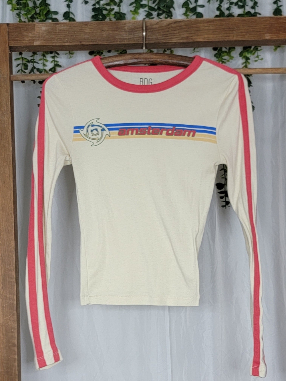 Graphic Long Sleeve Top Y2K Baby Tee Cream Red Striped Fitted Medium - Picture 4 of 8